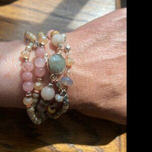 Semi-precious stone and silver bead, multistrand, magnetic closure bracelet. 7"